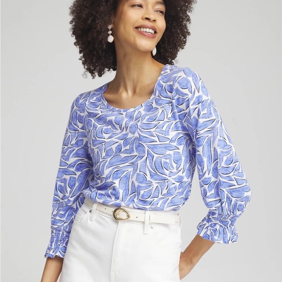 Chico's Tops - Chico's Blue Leaf-Print Ruffle-Cuff Blouse Cotton Modal size 1/Med